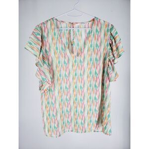 Caramela Colorful Pastel Medium Flutter Sleeve‎ Blouse Top V-Neck Loose Fit EUC